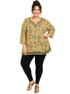 Magnolia Grace Mustard Floral V‑Neck Tunic Top Embroidered Trim Size XXL NWT